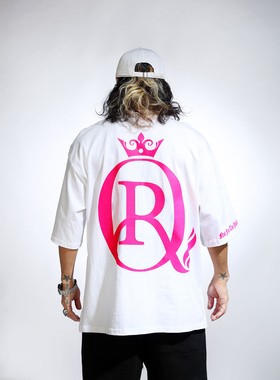 韩国潮牌BytheR夏季 X Rolling Quartz 短袖粉字白色 T恤明星纯棉