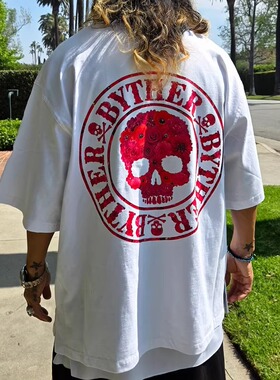 韩国潮牌BytheR春夏男士新款洋红色花朵骷髅纯棉宽松短袖白色T恤