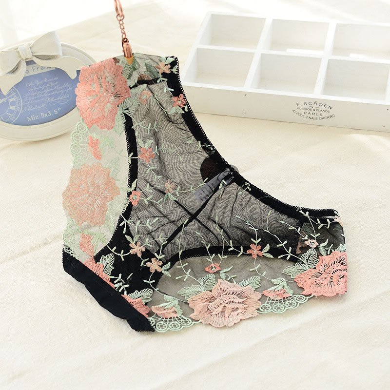 「雕婵」杜鹃花网纱蕾丝刺绣棉档性感低腰三角内裤女 1136杜鹃