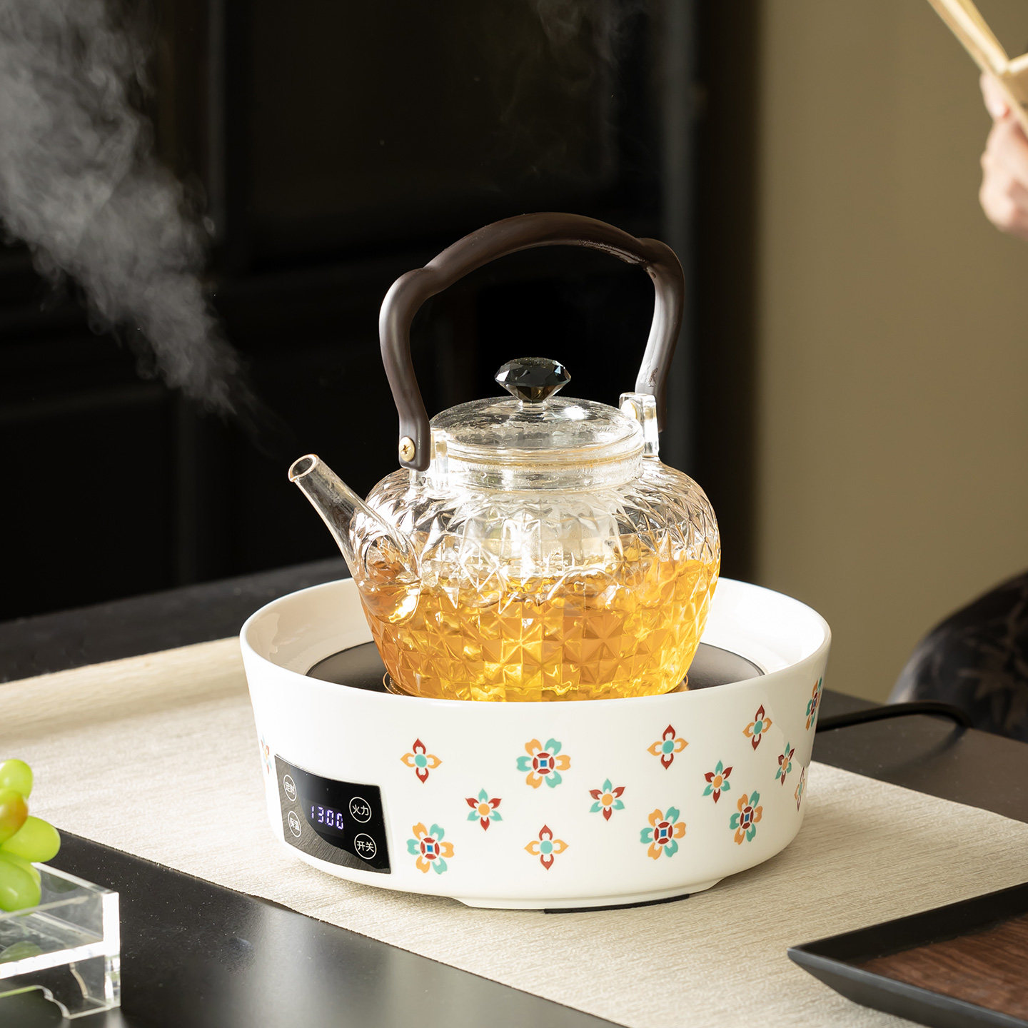 高档岳恒宝相花电陶炉围炉煮茶炉送烤网家用烧水泡茶壶茶具套装