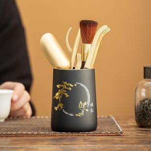 轻奢高档茶具配件大全禅意风梅兰竹荷松收纳桶 漆器茶道六君子套装
