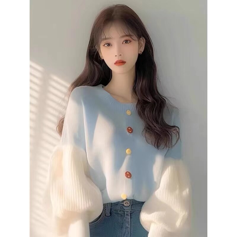 小众洋气设计感上衣韩系洋气宽松显瘦漂亮蓝色拼接灯笼袖针织上衣