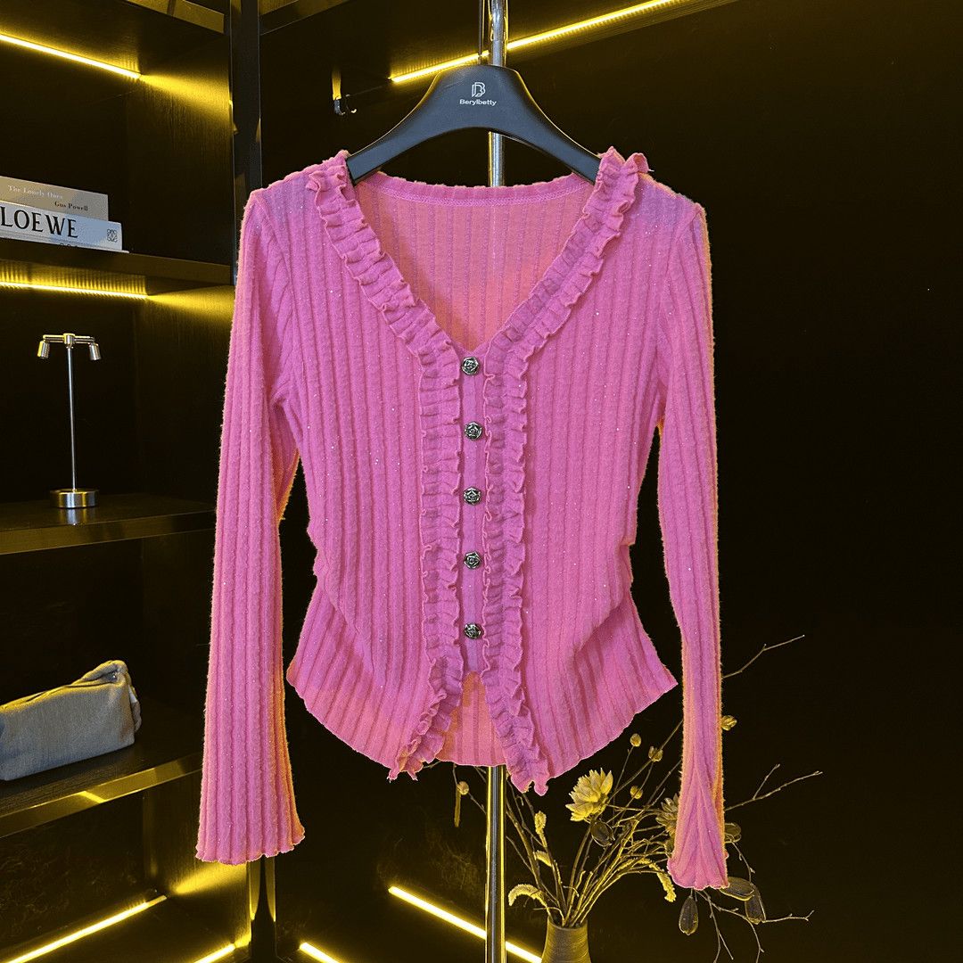 洋气木耳边磨毛上衣女2024秋季新款长袖打底衫法式设计感V领T恤