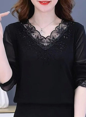 花边领网纱打底衫女秋冬新款加绒内搭洋气烫钻T恤性感镂空蕾丝衫