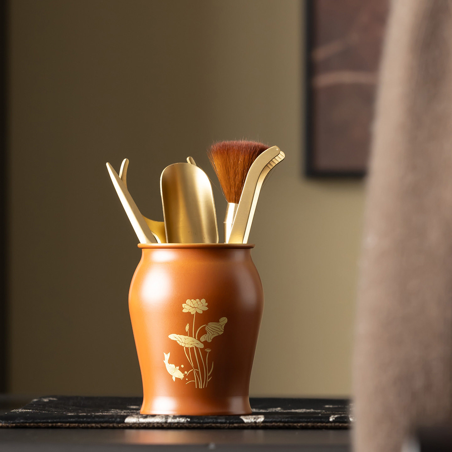 橘红黄铜黑檀茶道六君子铜木泡茶工具套装功夫茶具配件用品大全