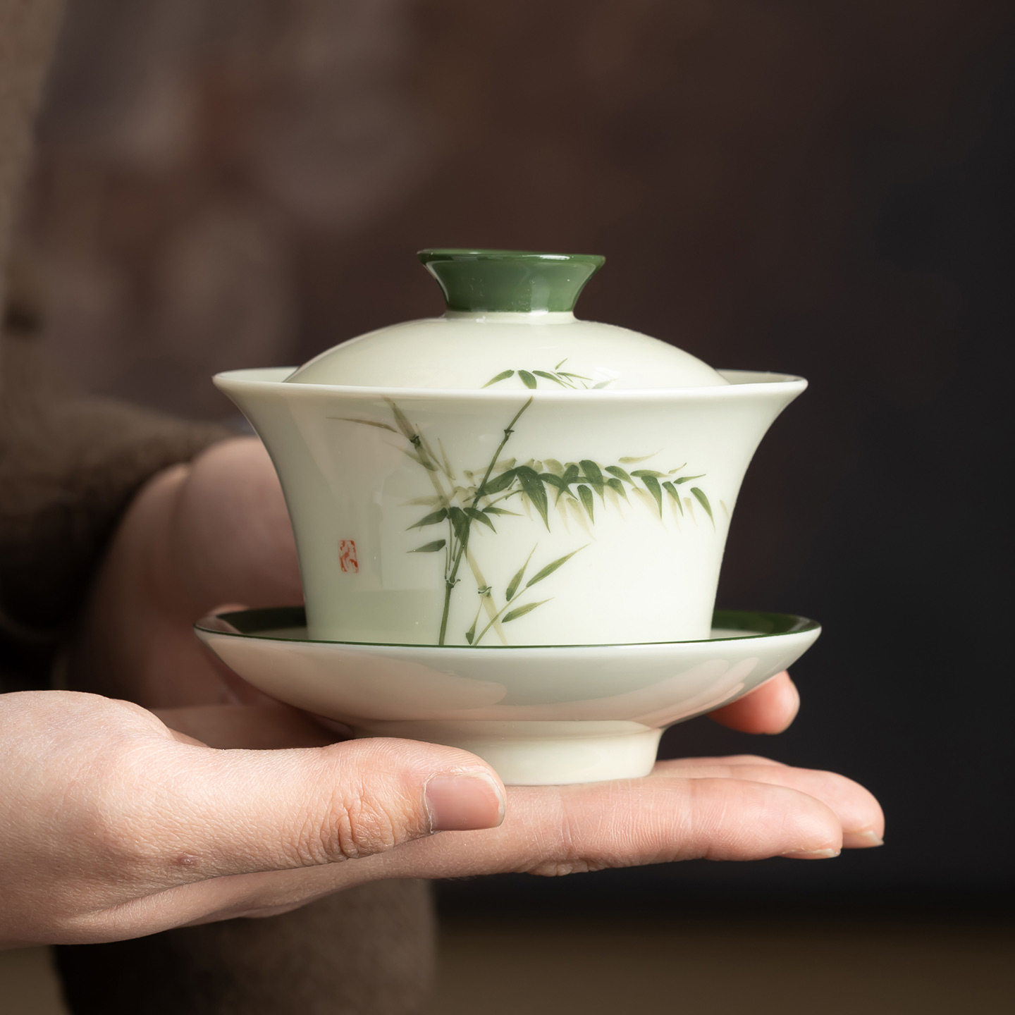 新中式手绘竹子陶瓷三才盖碗茶碗茶具套装家用轻奢茶杯礼盒装送礼