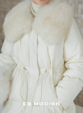 ES MODISH 冬季新款温柔风狐狸毛领90白鸭绒收腰中长款羽绒服女