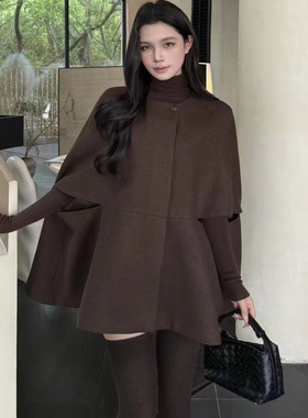 Vane韦恩韩版宽松镂空休闲毛呢小个子斗篷外套女2025新款披肩上衣