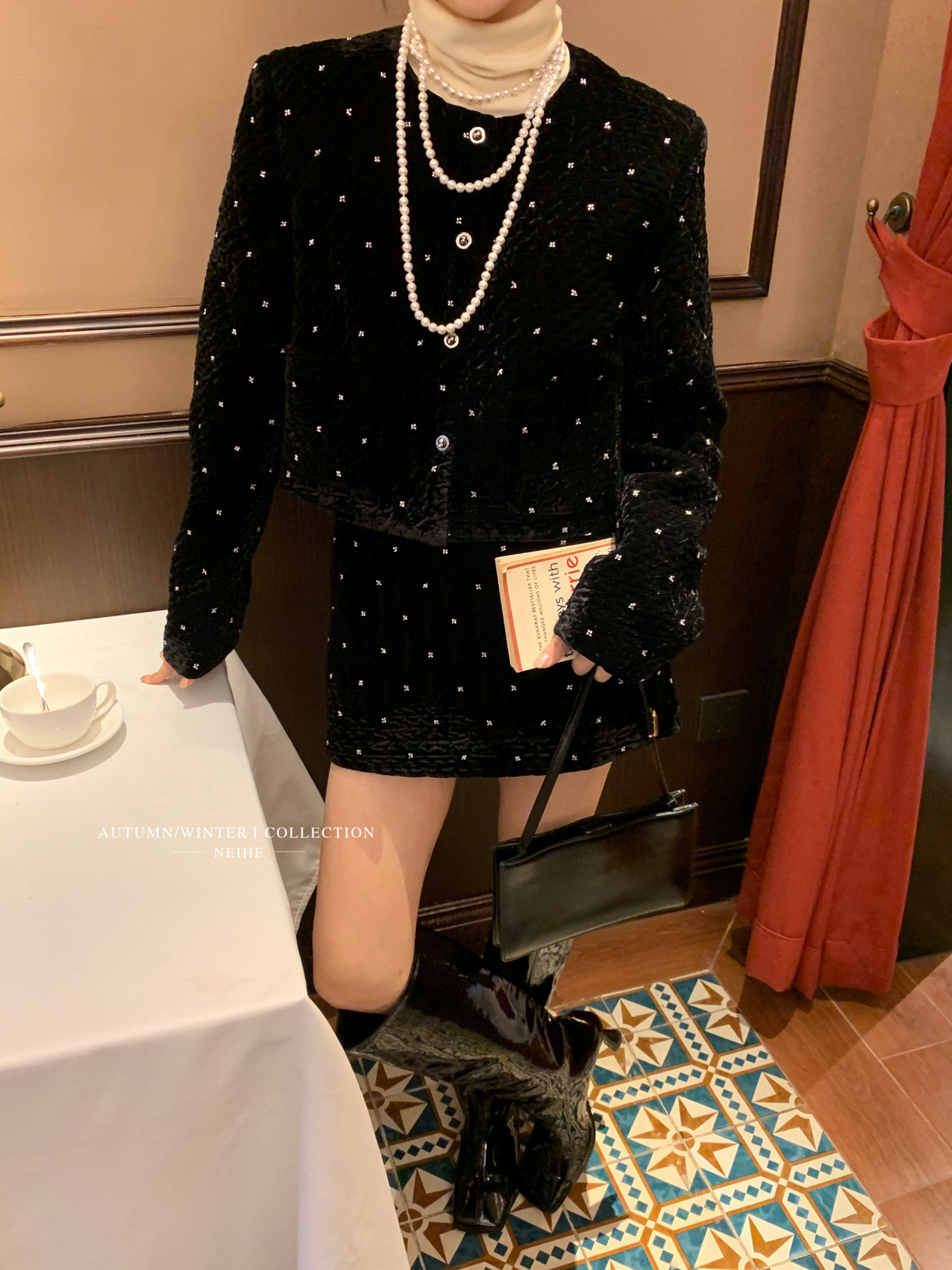 NEIHE内赫秋冬新款法式钉钻显瘦短裙子小香风金丝绒包臀半身裙女,女装/女士精品,休闲裤,淘宝优惠券,粉丝福利购,淘宝优惠卷