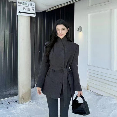 Vane韩版时尚立领系带毛呢外套