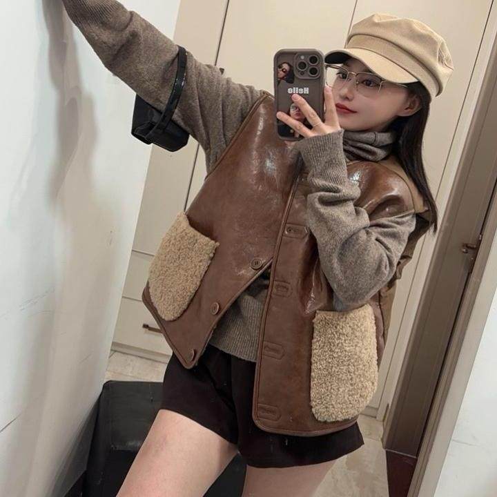 NEIHE内赫十三行两面穿皮衣拼白鸭绒羽绒服马甲女款2024新款外套