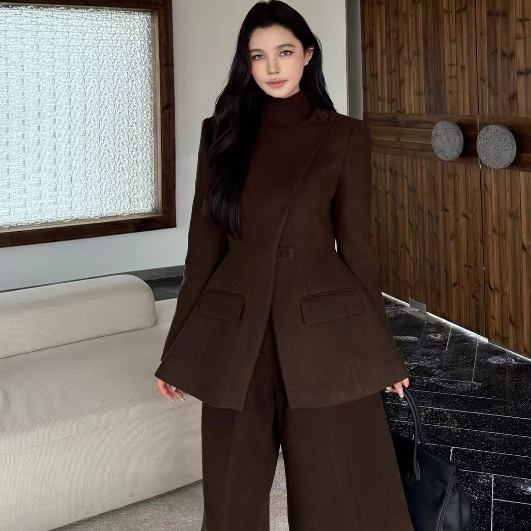 Vane韦恩韩版时髦通勤收腰毛呢西装外套女2025新款时尚显瘦西服