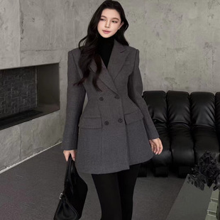 V.N韦恩韩版时尚显瘦双排扣沙漏腰毛呢西装外套女气质名媛高级感