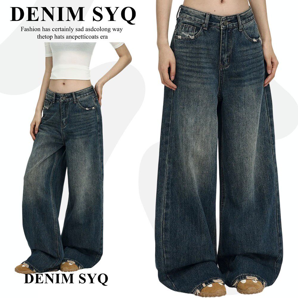 Denim淑娅琦美式复古低腰阔腿牛仔裤女2026秋季新款拖地直筒裤子