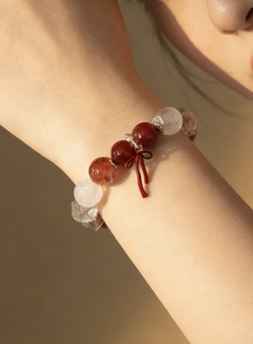 天然红胶花白水晶手串大珠子红玛瑙蝴蝶结手链闺蜜原创设计礼物