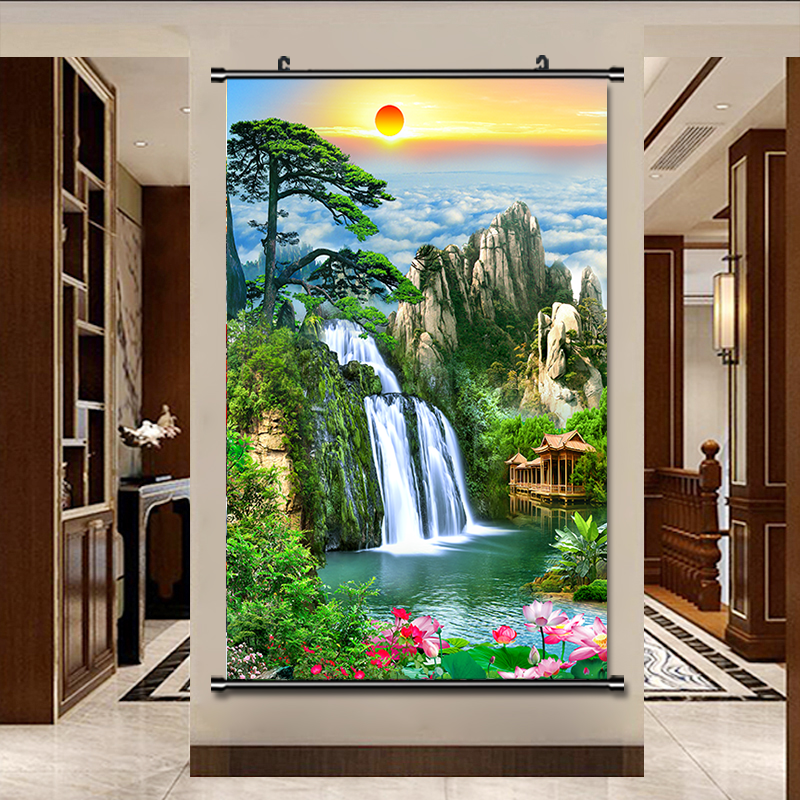 客厅山水装饰画办公室大瀑布流水生财卷轴挂画背景墙壁画聚宝盆