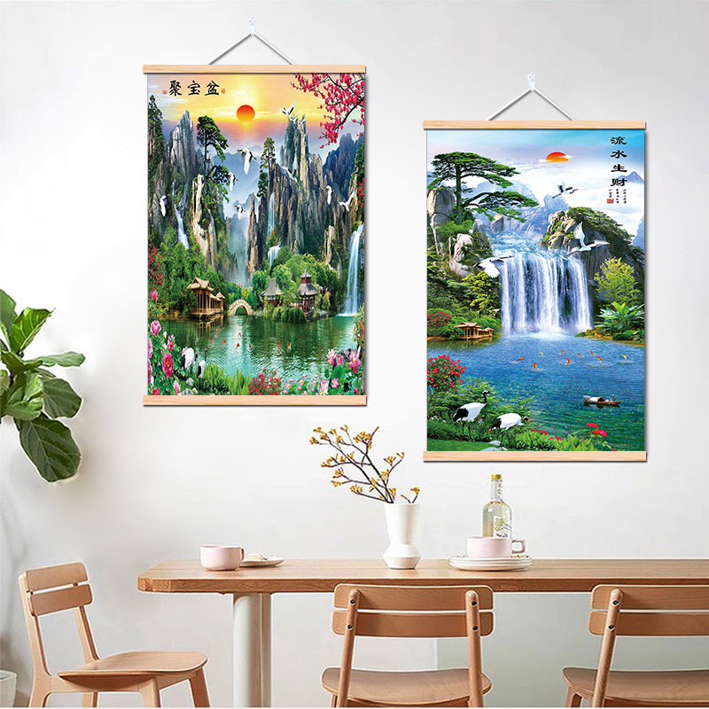 瀑布流水生财山水风景画聚宝盆