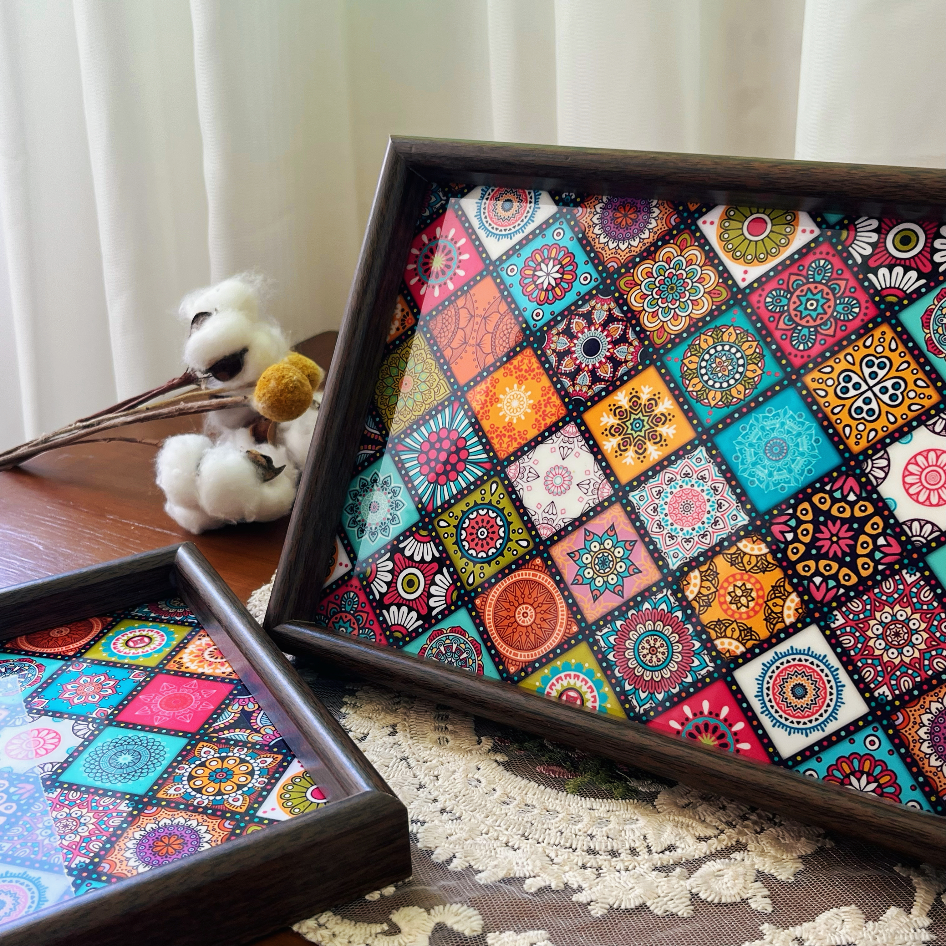 波西米亚风复古木质托盘两件套 民族风彩色花纹装饰托盘