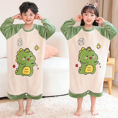 儿童珊瑚绒睡裙秋冬季男女童加厚宝宝睡袍女孩中大童防踢长袖睡衣