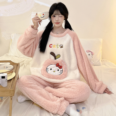 睡衣少女套装秋冬季珊瑚绒加绒加厚保暖可外穿套头可爱卡通家居服