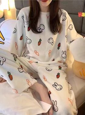 新款法兰绒睡衣薄款少女保暖套装