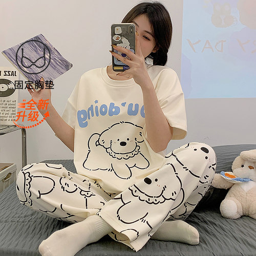 带胸垫棉质夏天薄款女大童睡衣