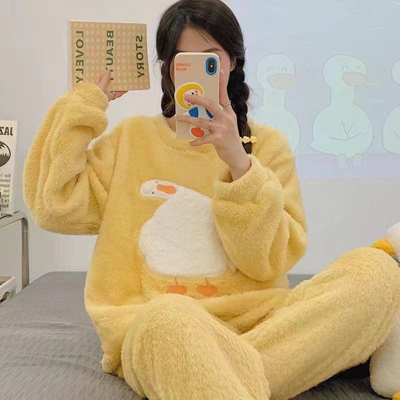 秋冬天薄款珊瑚绒睡衣少女套装
