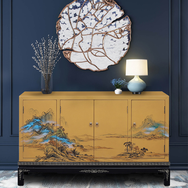 新中式彩绘实木门厅柜玄关柜一体入户鞋柜平遥漆器家具别墅装饰柜