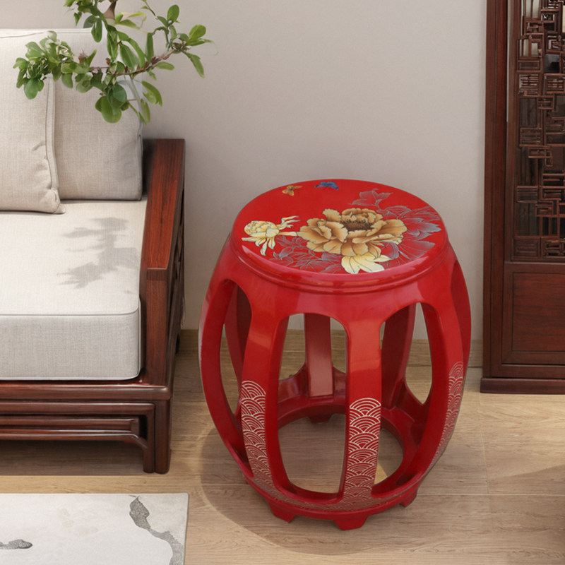 新中式实木梳妆凳手绘牡丹花绣墩换鞋凳中国风古筝凳琴凳平遥漆器