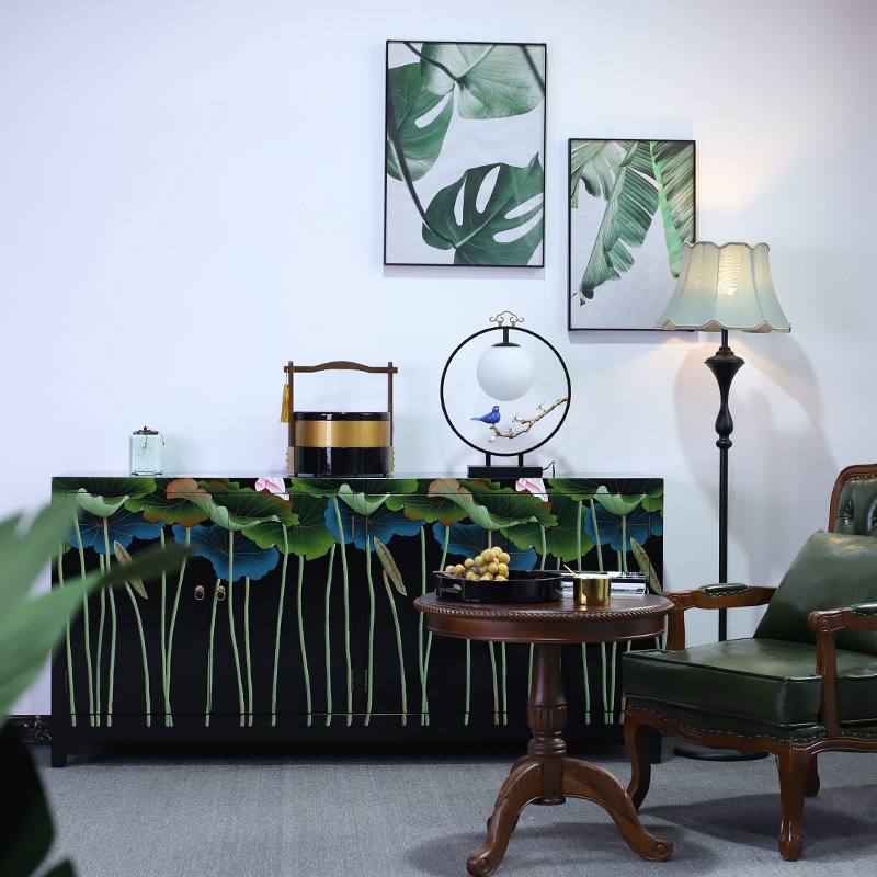 晋元恒手绘禅意荷花中古风玄关柜实木隔断门厅柜客厅边柜彩绘家具