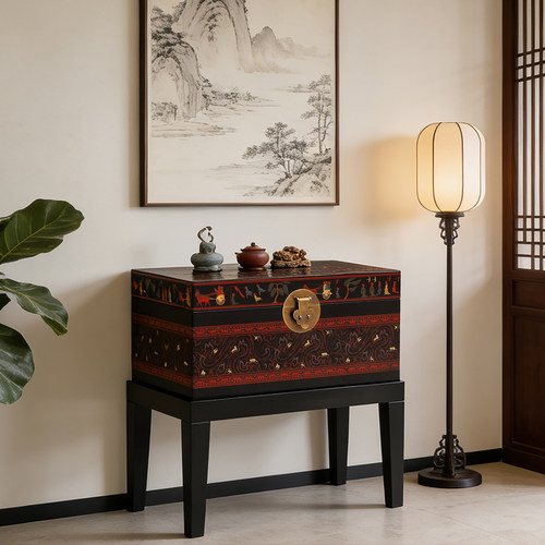 晋元恒仿古汉纹实木扣箱漆器衣箱