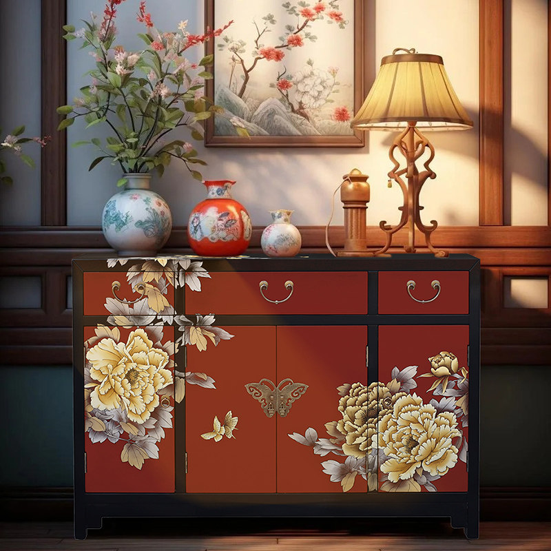 中式复古手绘中国风彩绘实木玄关柜门厅鞋柜一体推光漆器家具平遥