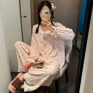 可爱睡衣女款春秋季长袖甜美云朵棉纱布满印圆点公主风家居服套装
