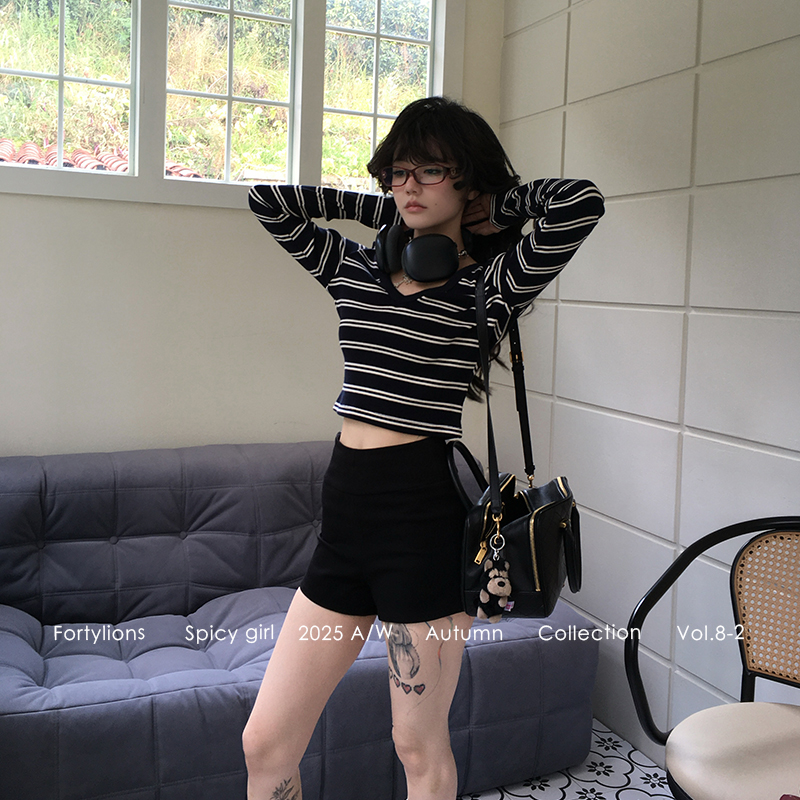 fortylions 弹力条纹针织V领打底女秋季通勤上衣高级感显瘦内搭
