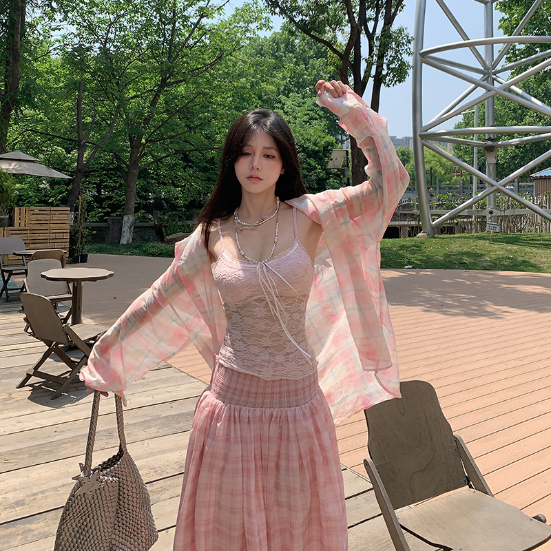 fortylions纯色格纹防晒衫女夏宽松衬衫日常百搭翻领上衣轻薄透气