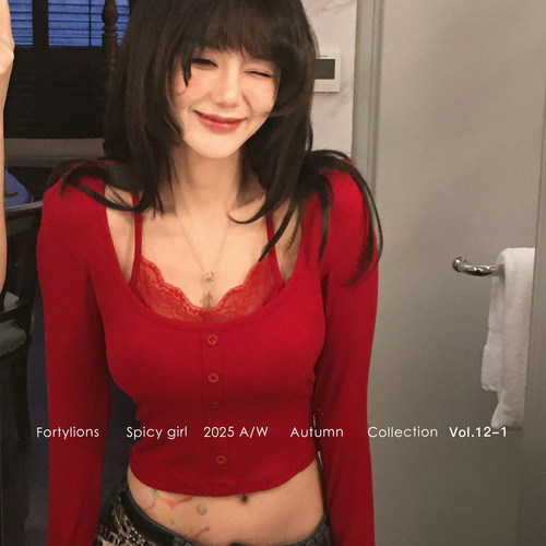 fortylions纯欲假两件蕾丝长袖上衣U领修身T恤假两件蕾丝百搭上衣