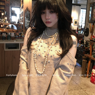 fortylions钉钻露肩毛衣半高领宽松针织毛衫重工钉钻露肩毛衫上衣