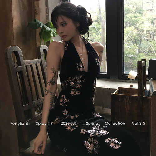 法式千金连衣裙黑色丝绒吊带长裙