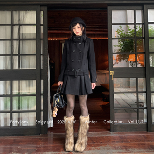 fortylions 双排扣黑色羊毛大衣女秋冬中长款毛呢风衣外套小个子