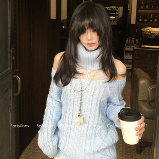 fortylions 纯欲正反两面穿高领毛衣慵懒绞花针织衫透视蕾丝毛衣