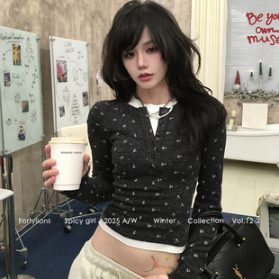 fortylions 韩系碎花磨毛内搭炭灰修身小上衣可调节纽扣亨利衫