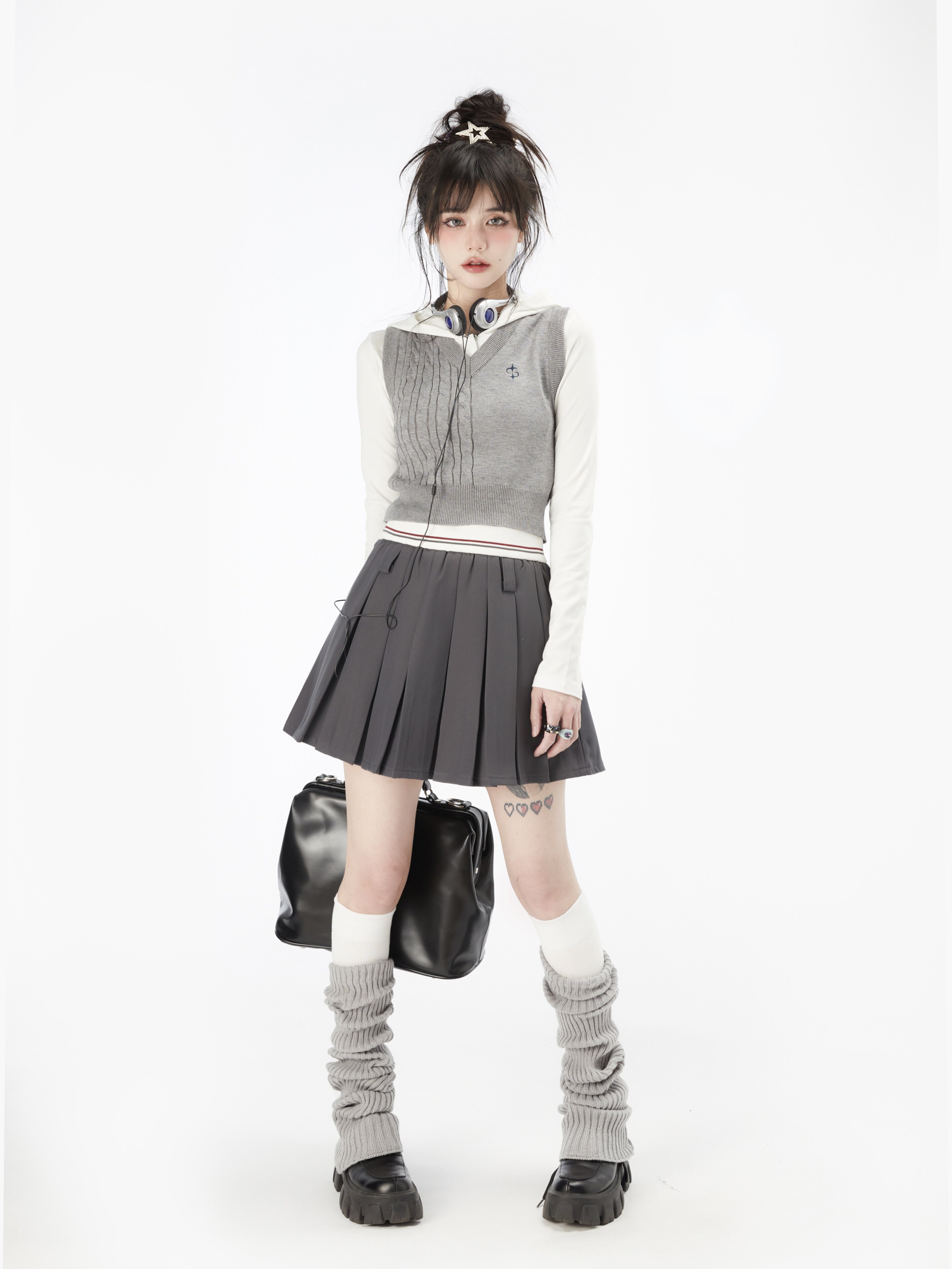 fortylions四十只狮 美式学院风短裙少女感收腰显瘦灰色百褶裙春