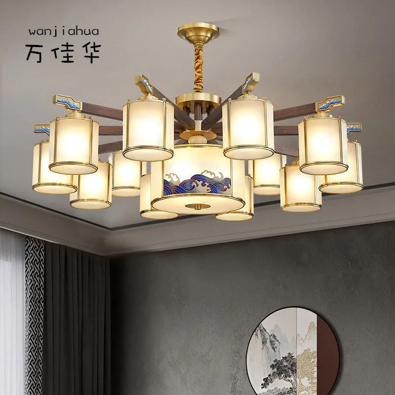 新款全铜新中式吊灯客厅灯中国风餐厅灯胡桃木复古别墅大厅灯具,家装灯饰光源,智能吊灯,淘宝优惠券,粉丝福利购,淘宝优惠卷