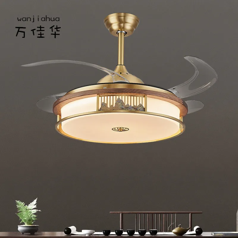 新款新中式风扇灯全铜黑胡桃木卧室餐厅吊灯智能隐形禅意吊扇灯,家装灯饰光源,风扇灯,淘宝优惠券,粉丝福利购,淘宝优惠卷