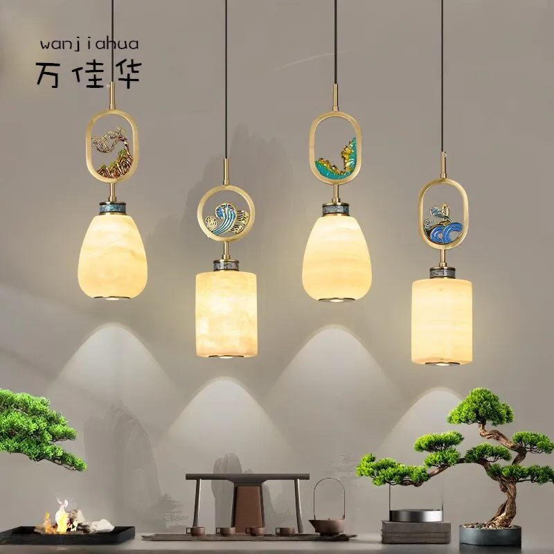 玉石床头吊灯新中式卧室吊线灯全铜设计师样板房客厅沙发背景墙灯,家装灯饰光源,智能吊灯,淘宝优惠券,粉丝福利购,淘宝优惠卷