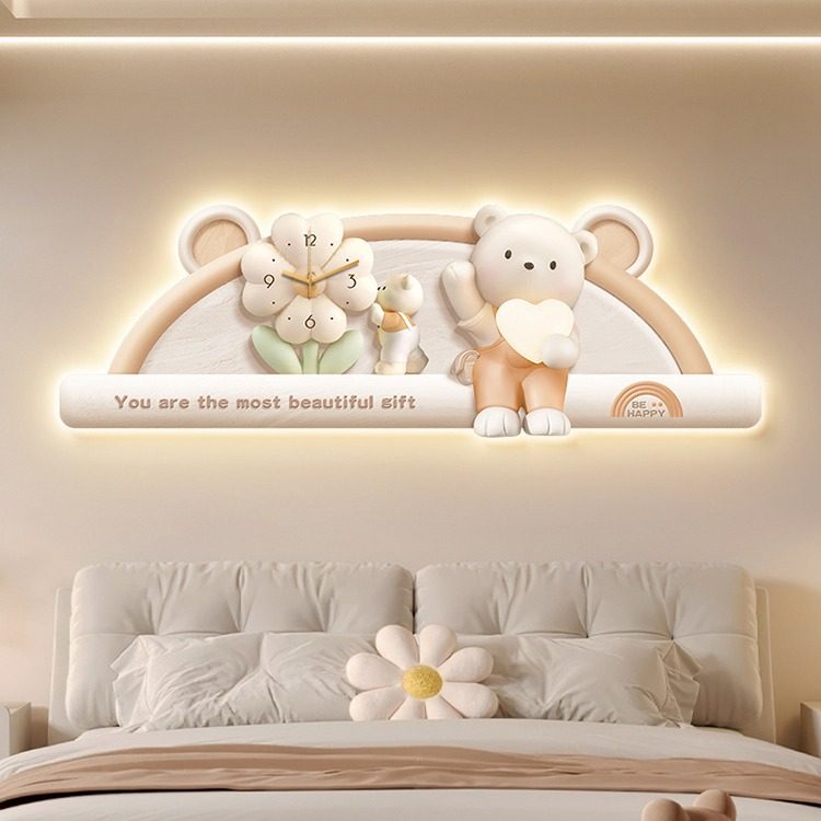 暴力熊卧室装饰画奶油风儿童房床头挂画感创意钟表时钟壁灯画,家居饰品,现代装饰画,淘宝优惠券,粉丝福利购,淘宝优惠卷