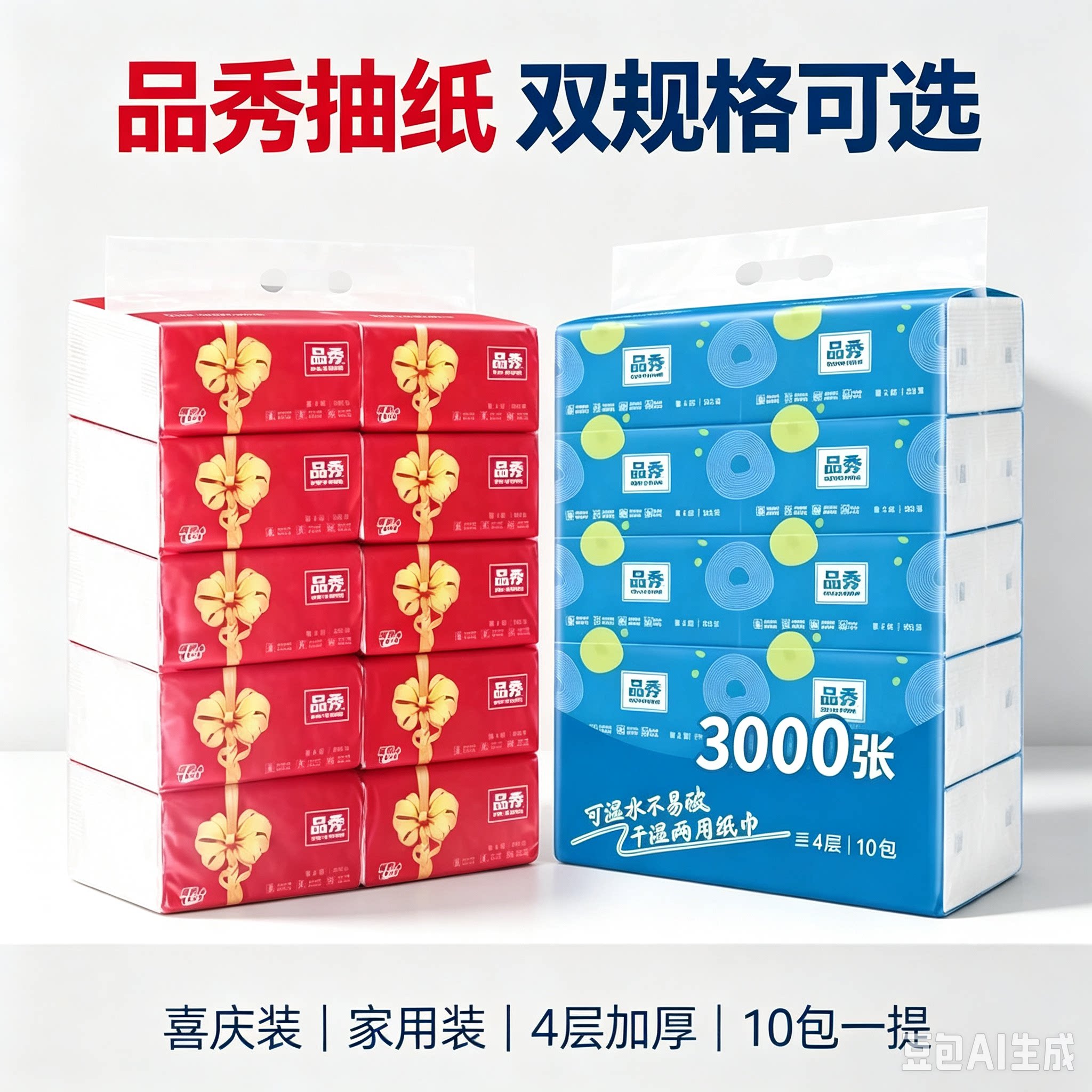 品秀家用宴会商务抽纸家用餐巾纸面巾纸擦手纸卫生纸4层300张75抽