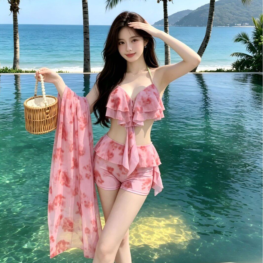 泳衣女ins高颜值粉色扎染比基尼分体式上下三件套海边泡温泉泳装