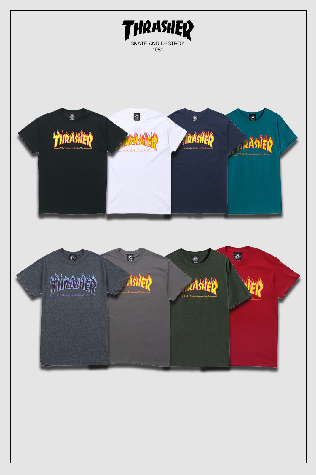 thrasher美版正品授权基础火焰印花一博同款潮牌宽松情侣短袖春夏