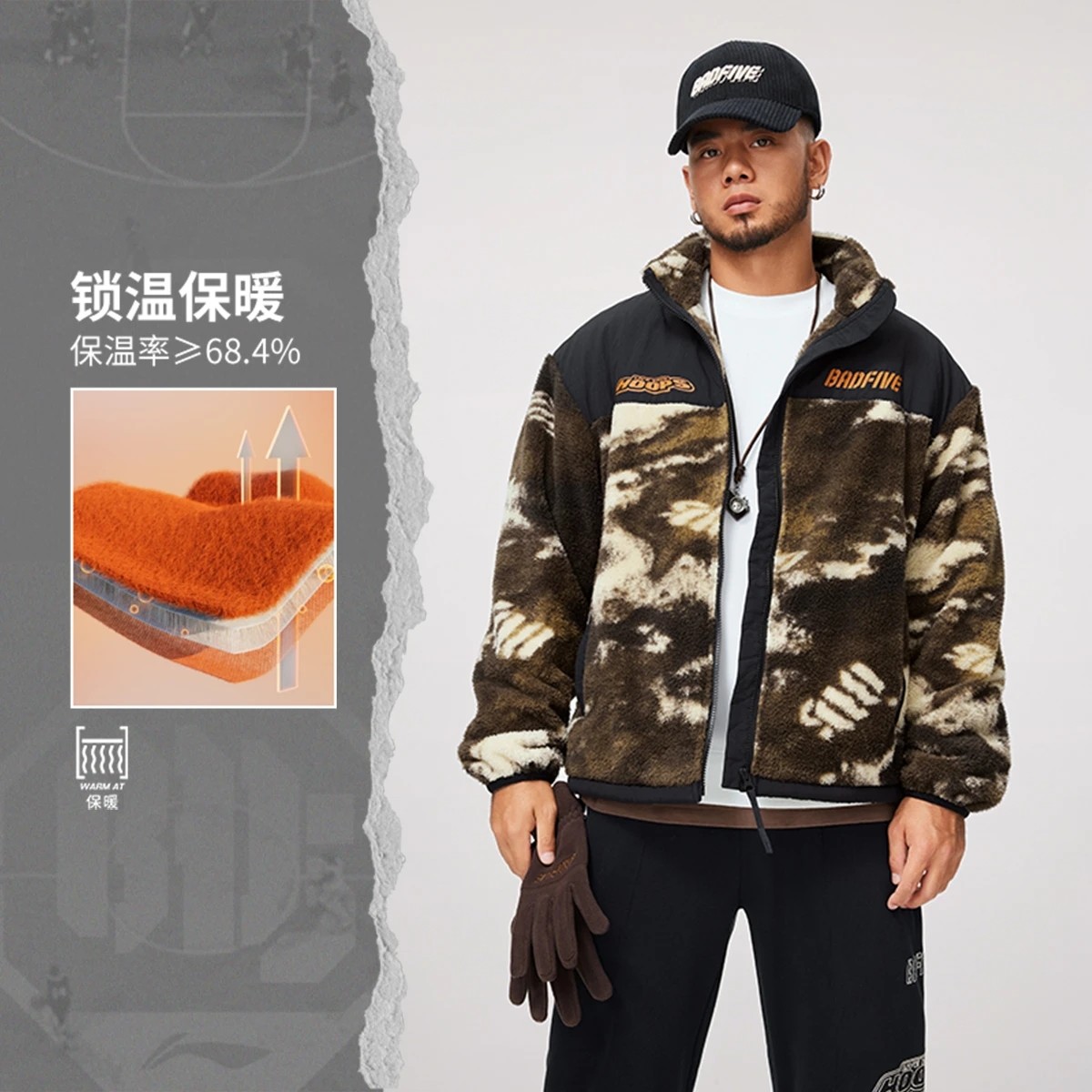 李宁加绒外套男2024新品反伍BADFIVE加绒保暖宽松针织外套AFDU507